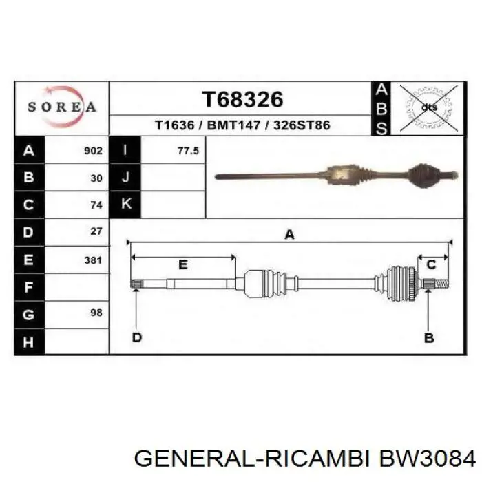 Полуось (привод) передняя правая BW3084 General Ricambi