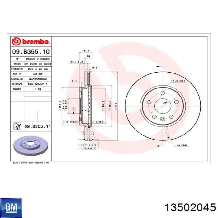 Disco de freno delantero 13502045 GM/Chevrolet