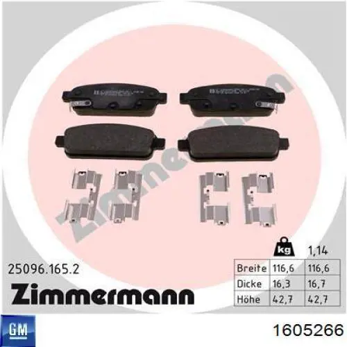 Задние тормозные колодки 1605266 General Motors
