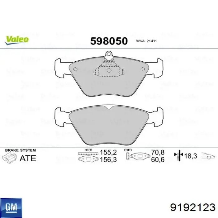 Передние тормозные колодки 9192123 General Motors
