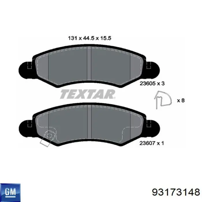 Передние тормозные колодки 93173148 General Motors