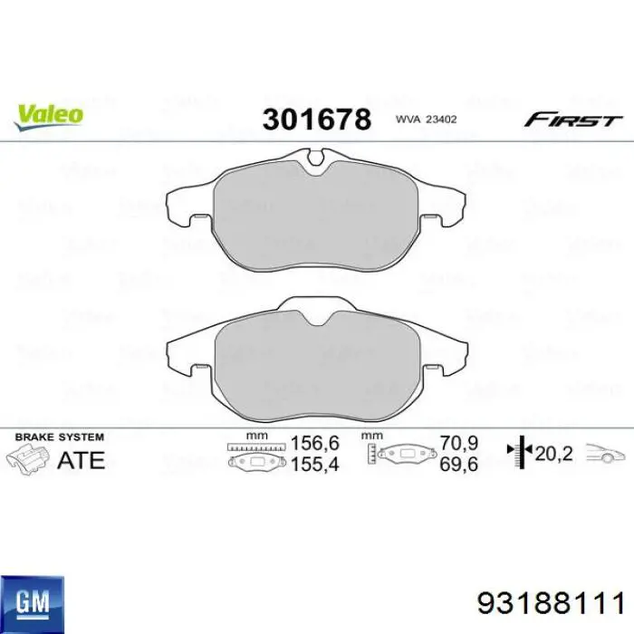 Передние тормозные колодки 93188111 General Motors