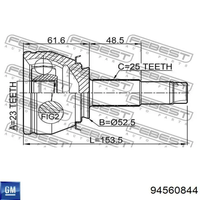 Шарнир угловых скоростей передний левый General Motors 94560844 цена, от 34.85 USD