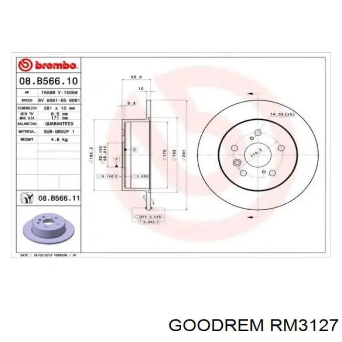 Передний тормозной диск Goodrem RM3127