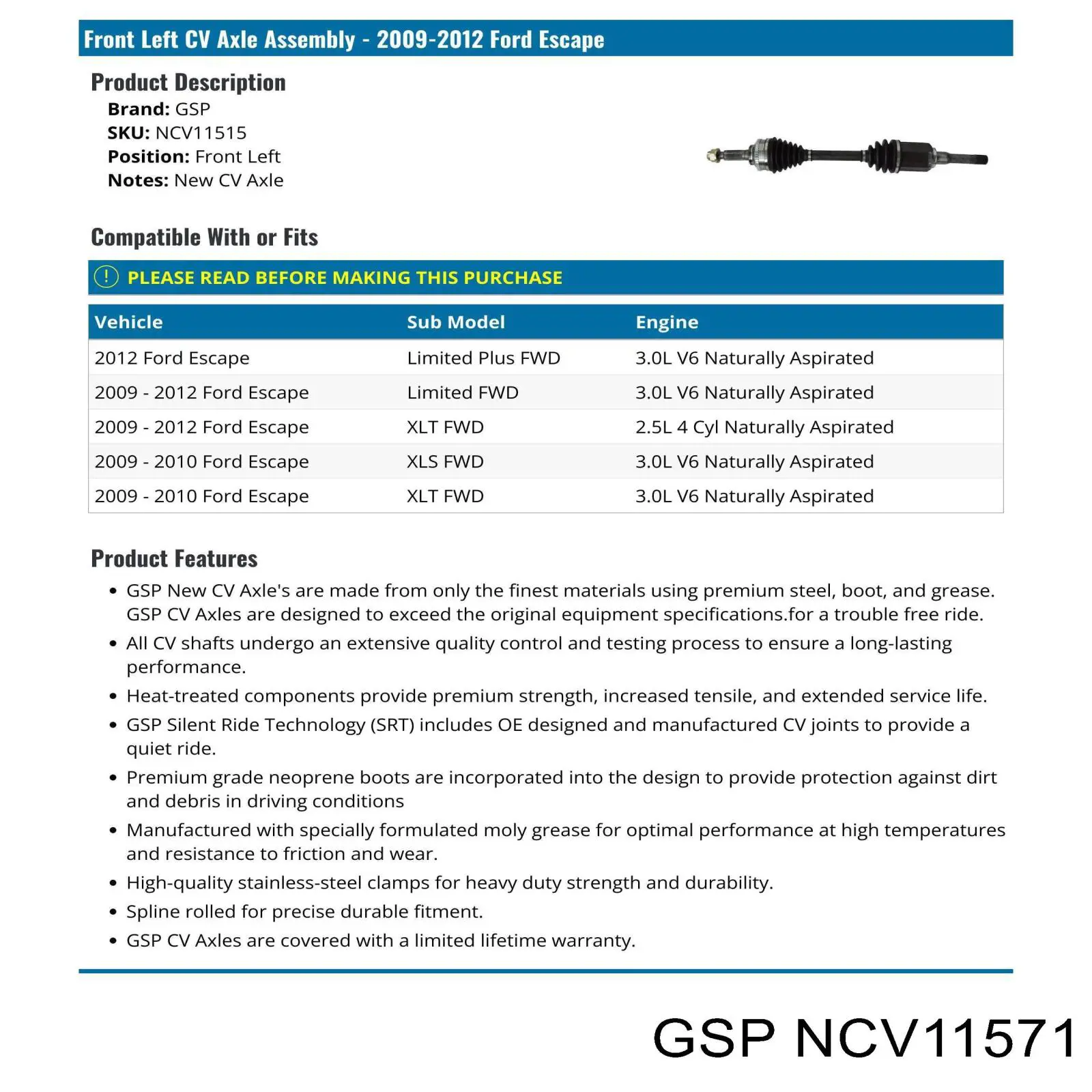 NCV11571 GSP Полуось передняя, правая