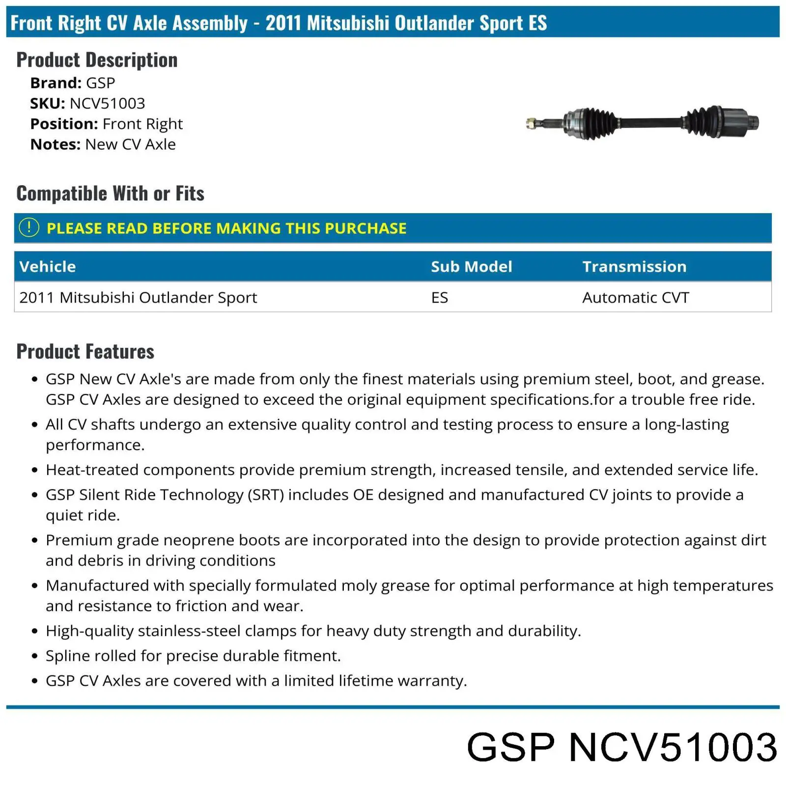 NCV51003 GSP полуось (привод передняя правая)