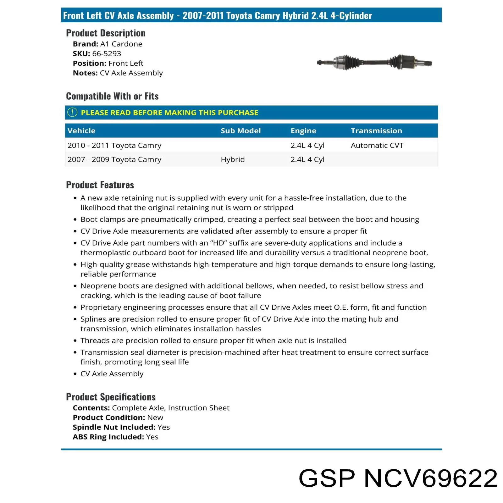 NCV69622 GSP Полуось передняя левая
