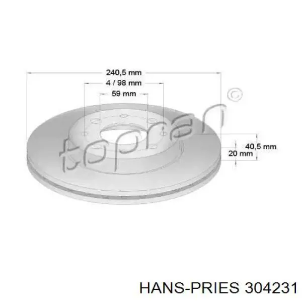 Передние тормозные диски 304231 Hans Pries (Topran)