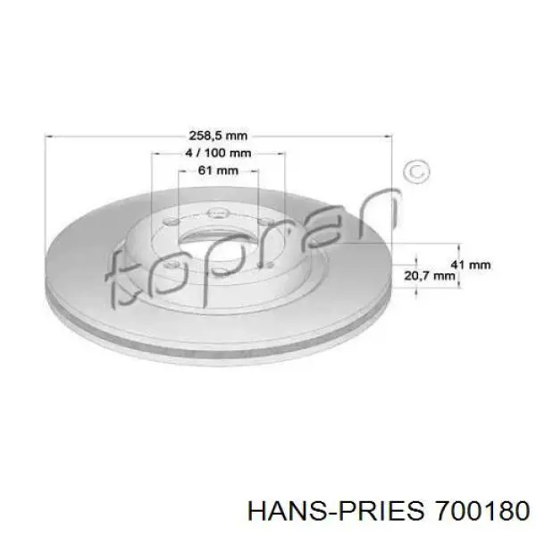 Передние тормозные диски 700180 Hans Pries (Topran)