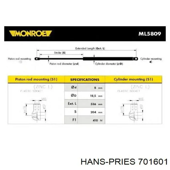 Амортизатор задней двери Hans Pries (Topran) 701601 цена, от 9.73 USD