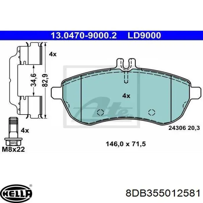 Купить 8DB355012581 HELLA Колодки тормозные