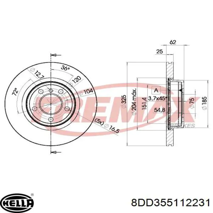 Диск гальмівний передній 8DD355112231 HELLA