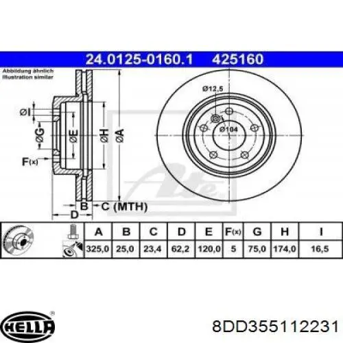 Диск гальмівний передній 8DD355112231 HELLA