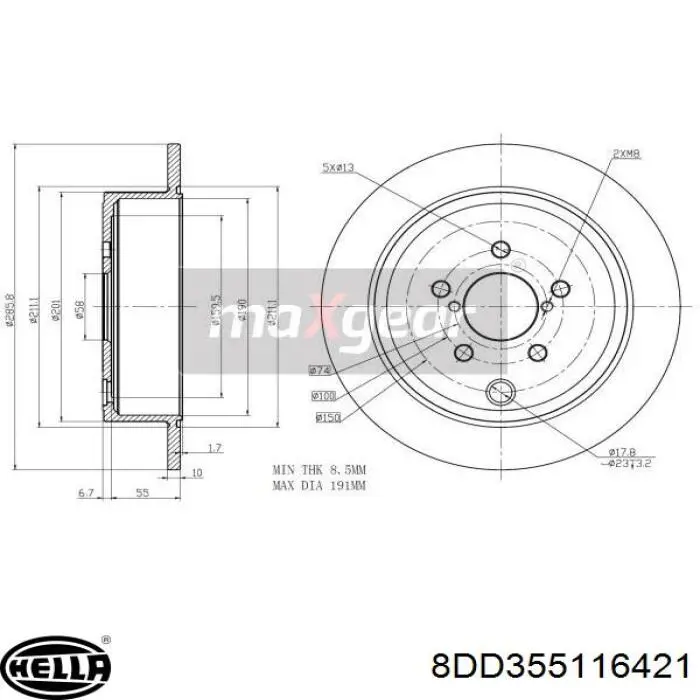 Купить 8DD355116421 HELLA Диск тормозной задний