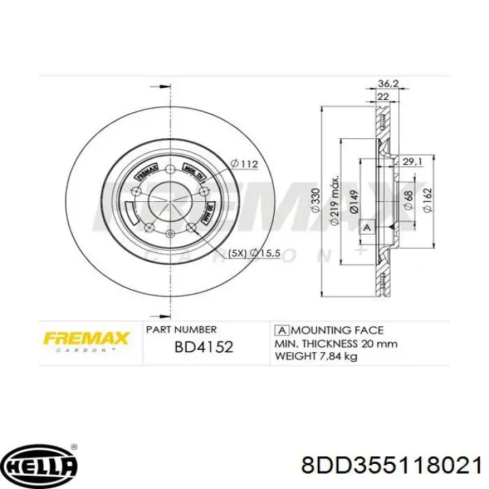 Купить 8DD355118021 HELLA Диск тормозной задний