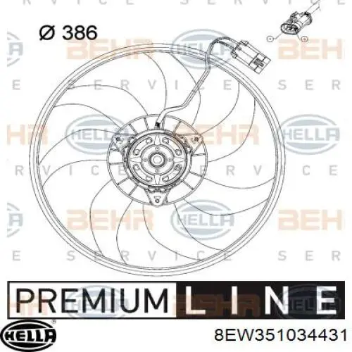 Ventilador (rodete +motor) refrigeración del motor con electromotor derecho 8EW351034431 HELLA