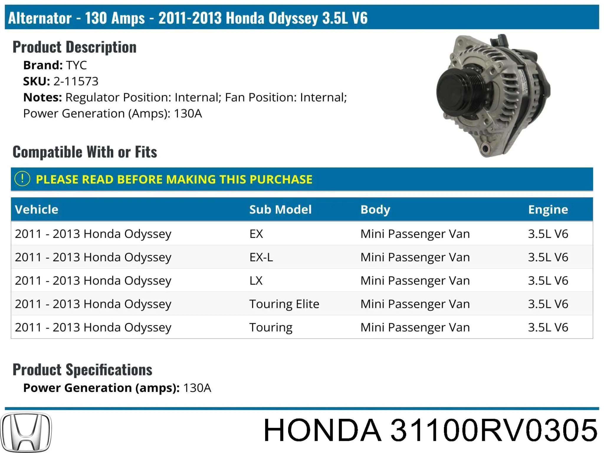 Автомобильный генератор Honda 31100RV0305 цена, от 471.88 USD
