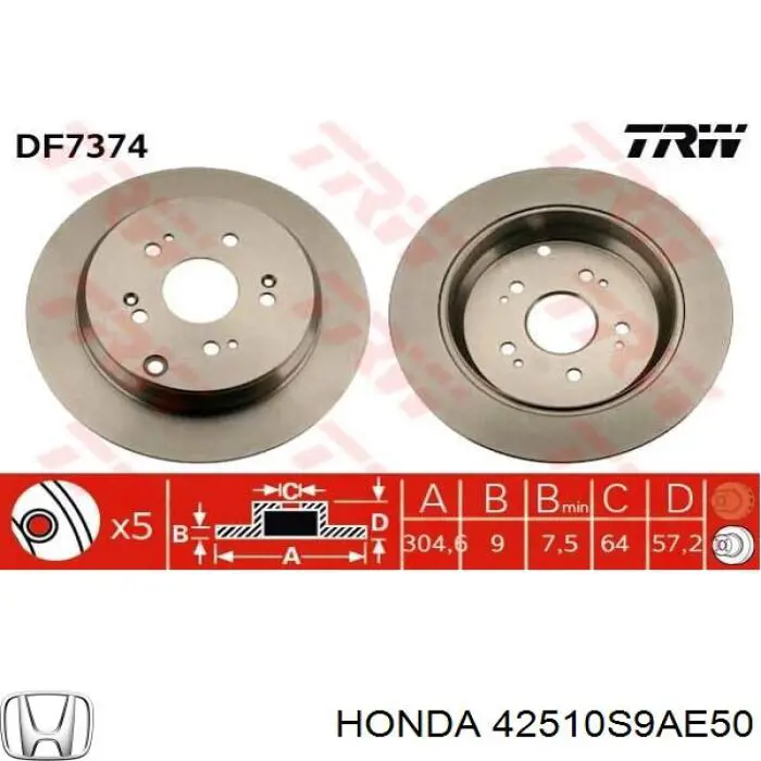 Disco de freno trasero 42510S9AE50 Honda/Acura