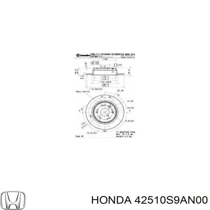 Задний тормозной диск Honda 42510S9AN00 цена, от 34.59 USD