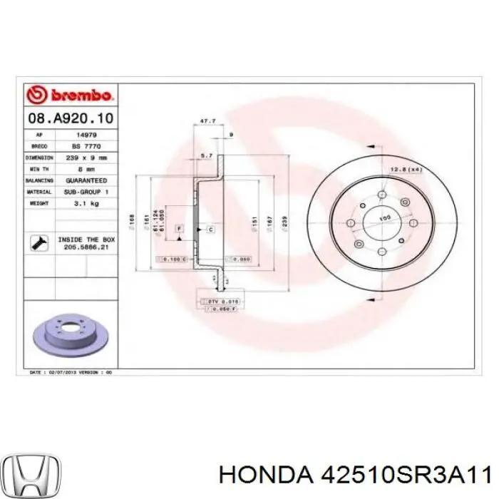 Купить 42510SR3A11 Honda Диск тормозной задний