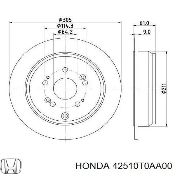 Disco de freno trasero 42510T0AA00 Honda/Acura