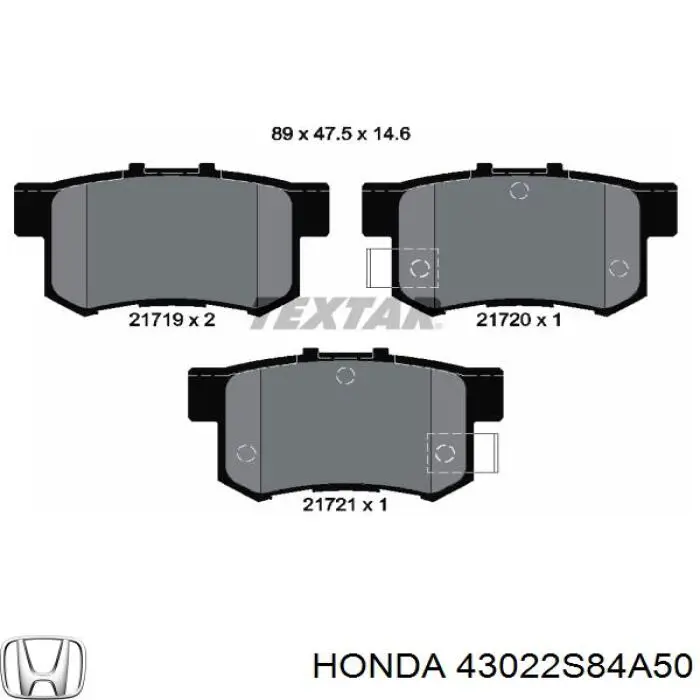 Pastillas de freno traseras 43022S84A50 Honda