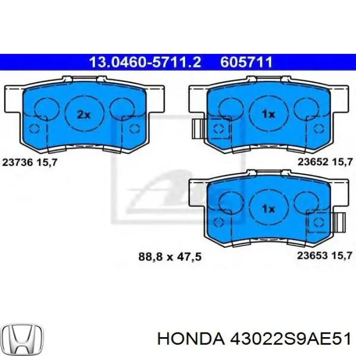 Pastillas de freno traseras 43022S9AE51 Honda/Acura