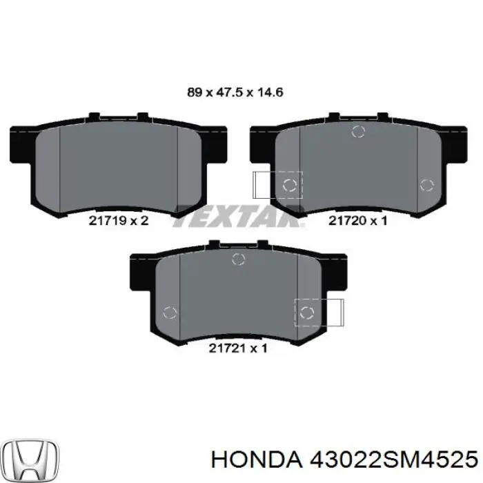 Pastillas de freno traseras 43022SM4525 Honda