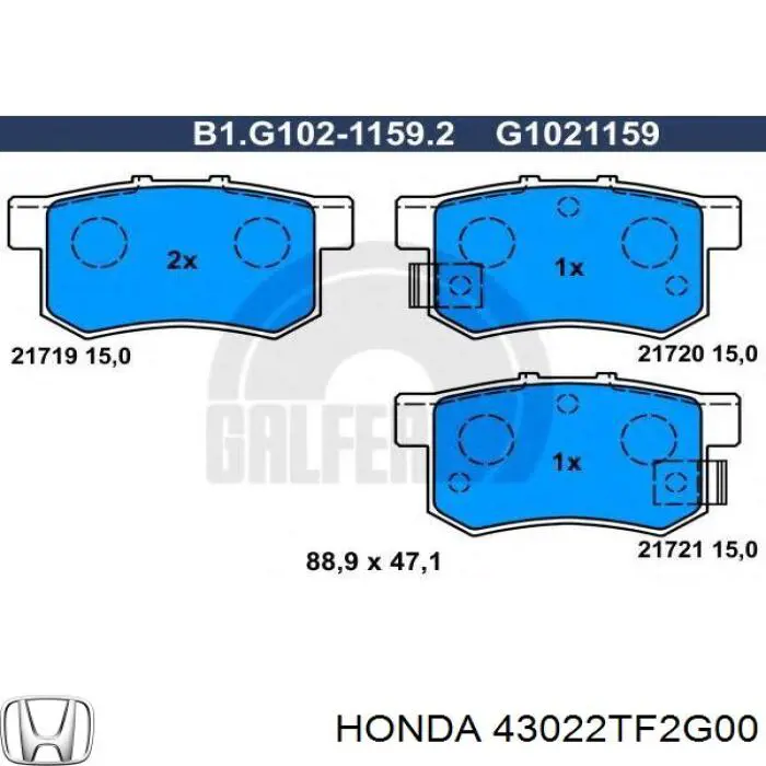 Pastillas de freno traseras 43022TF2G00 Honda