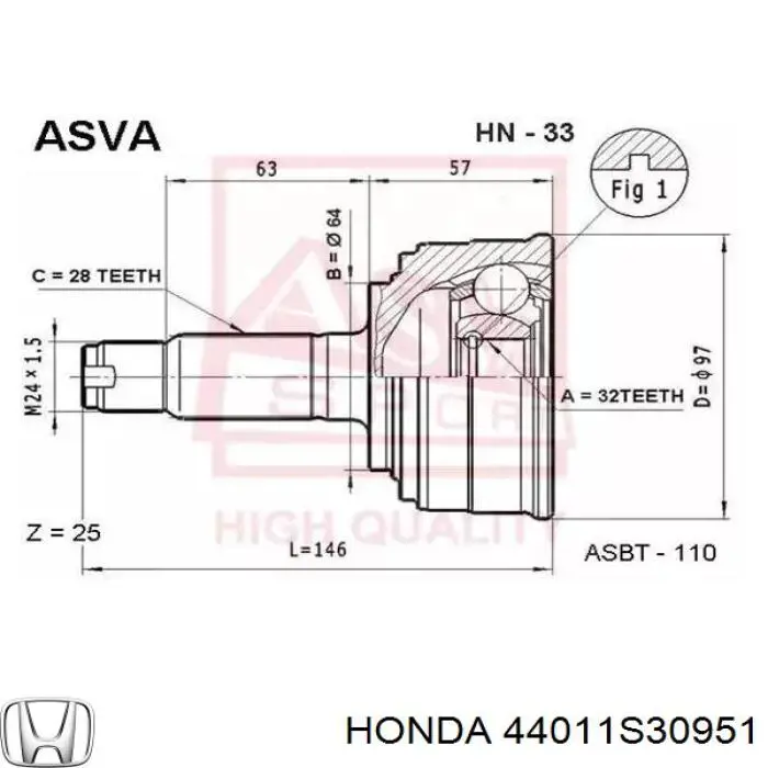 44011S30951 Honda шрус наружный передний