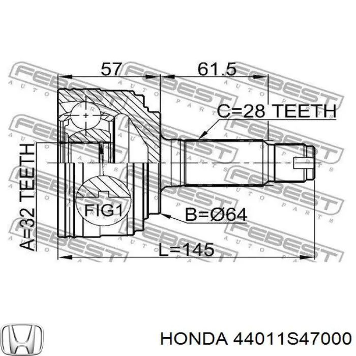 Полуось (привод) передняя левая 44011SX1000 Honda