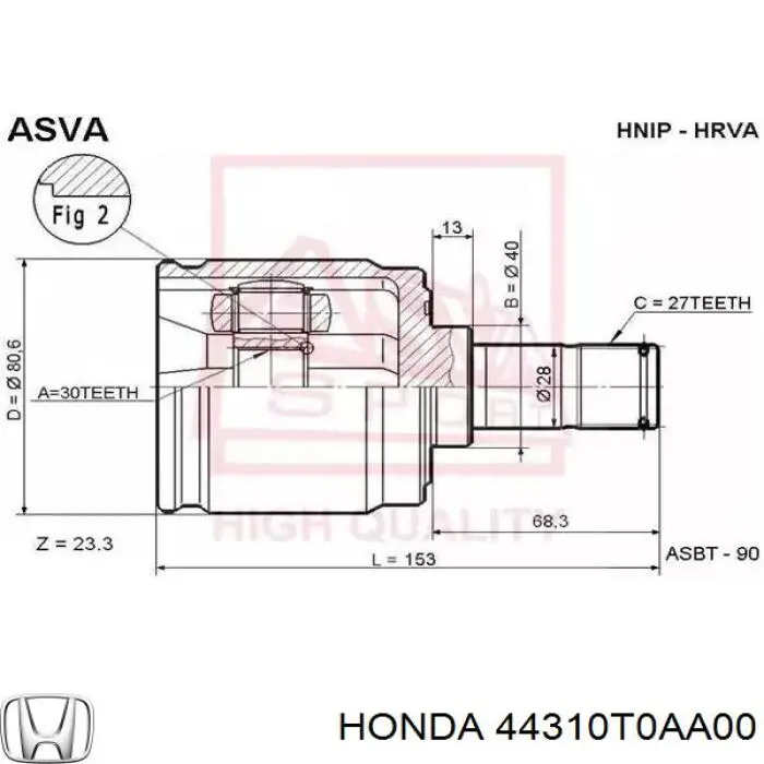 Шарнир угловых скоростей передний левый Honda 44310T0AA00 цена, от 32.62 USD
