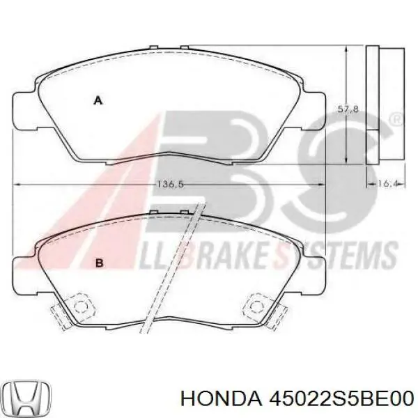 Передние тормозные колодки 45022S5BE00 Honda