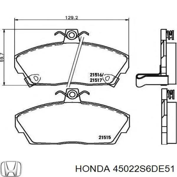 45022S6DE51 Honda колодки тормозные передние дисковые