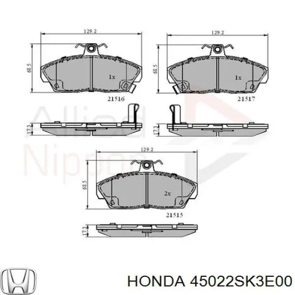 45022-SK3-E00 Honda колодки тормозные передние дисковые
