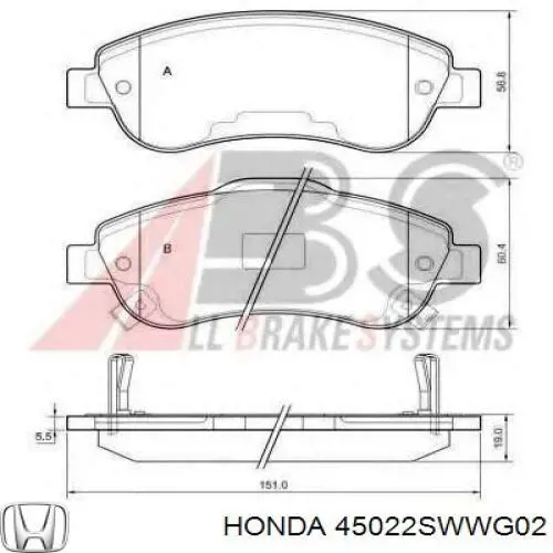 Передние тормозные колодки 45022SWWG02 Honda