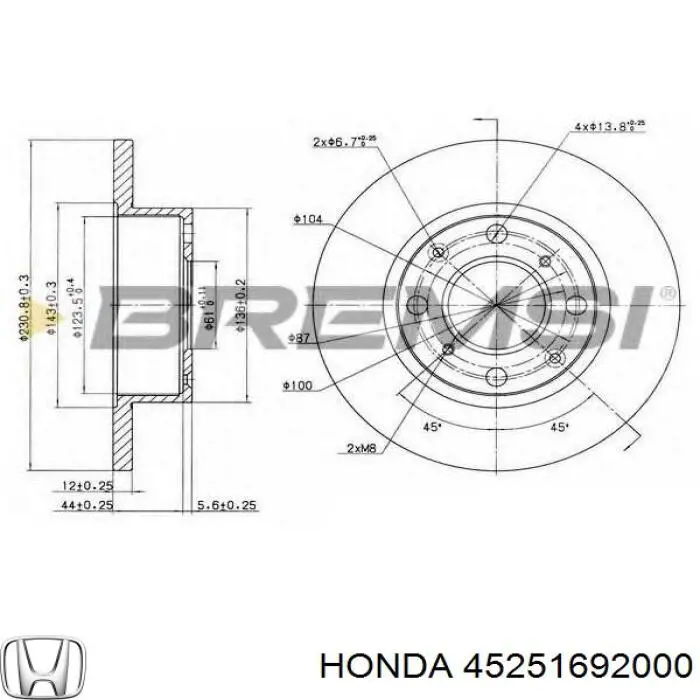 Передние тормозные диски 45251692003 Honda