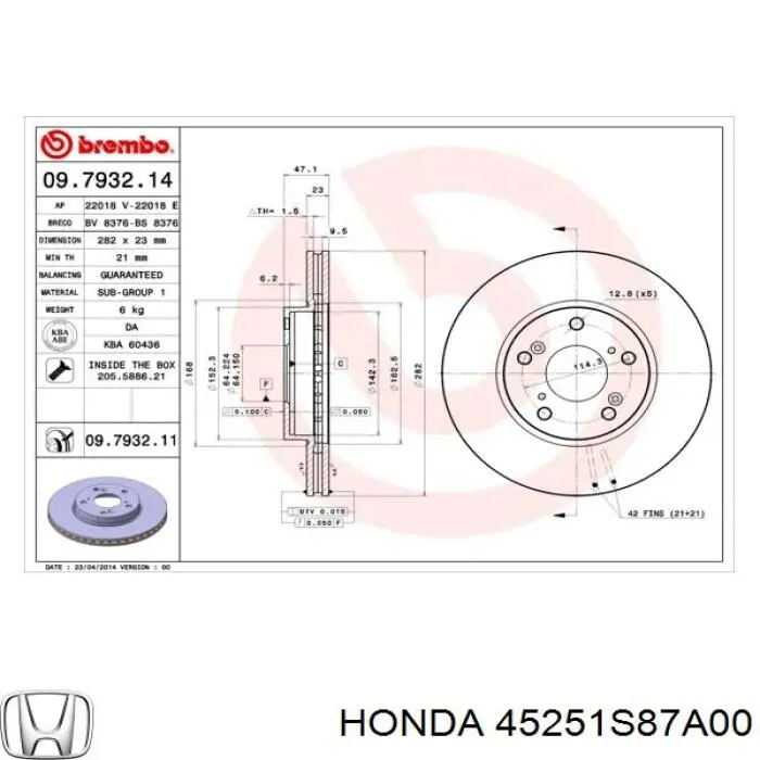 45251S87A00 Honda диск тормозной передний
