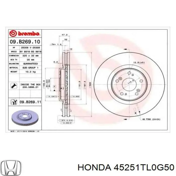 Тормоз дисковый передний Honda 45251TL0G50 цена, от 66.53 USD