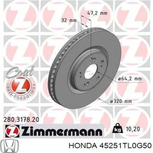 Передние тормозные диски 45251TL0G50 Honda