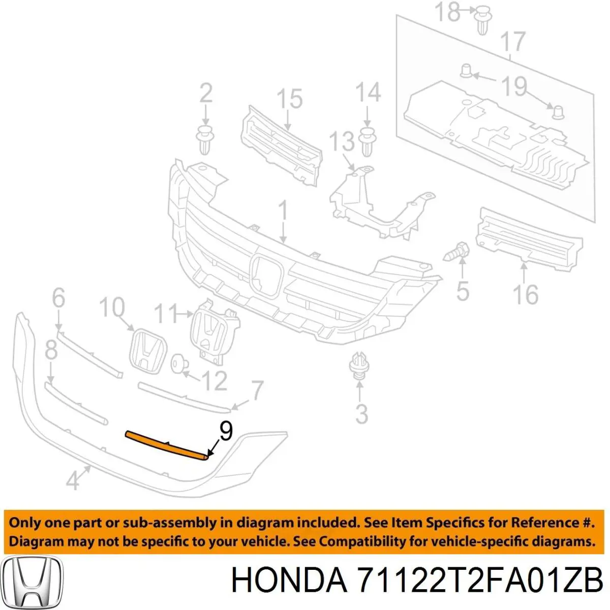 Молдинг решетки радиатора нижний Honda 71122T2FA01ZB