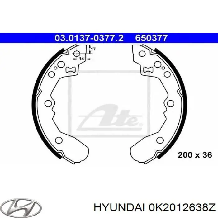 Задние барабанные колодки 0K2012638Z Hyundai/Kia