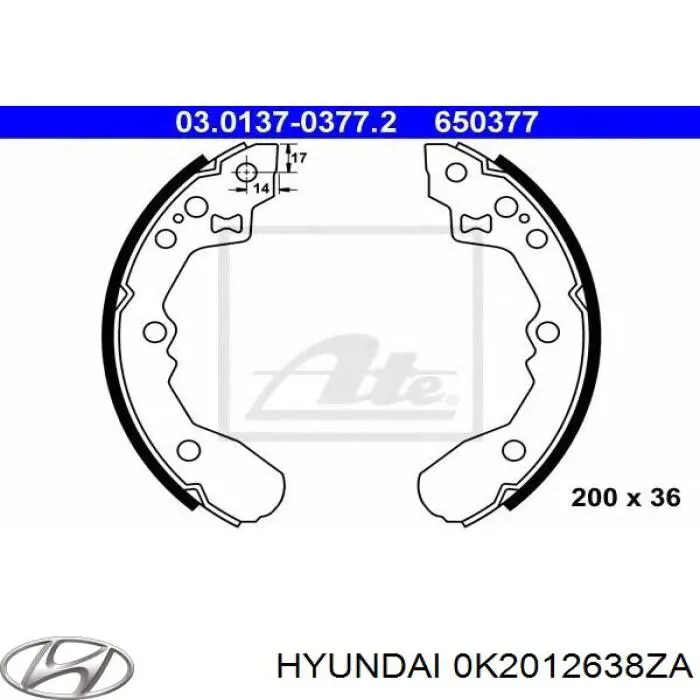 Задние барабанные колодки 0K2012638ZA Hyundai/Kia