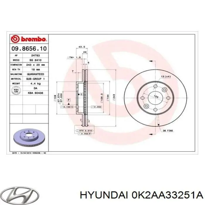 Передние тормозные диски 0K2AA33251A Hyundai/Kia