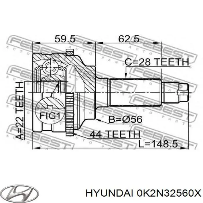 0K2N32560X Hyundai/Kia junta homocinética externa dianteira esquerda