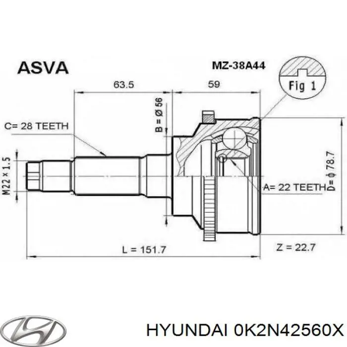 0K2N42560X Hyundai/Kia Полуось передняя левая