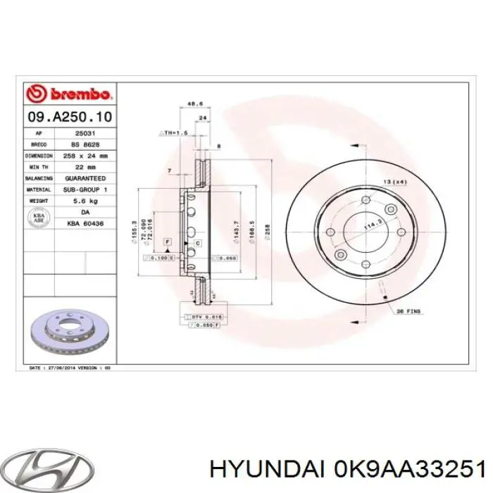 Передний тормозной диск Hyundai/Kia 0K9AA33251