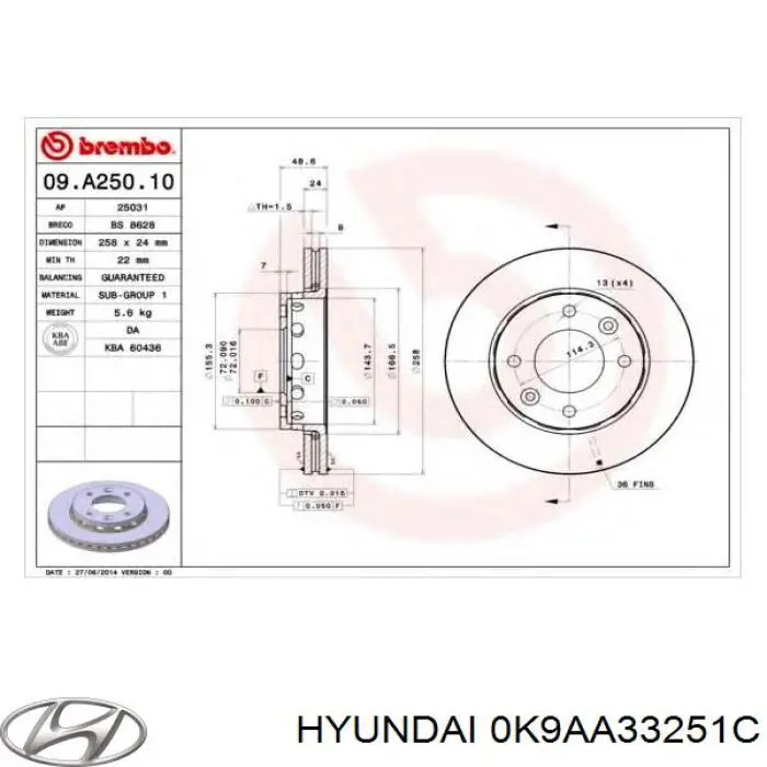 Тормоз дисковый передний Hyundai/Kia 0K9AA33251C цена, от 27.93 USD