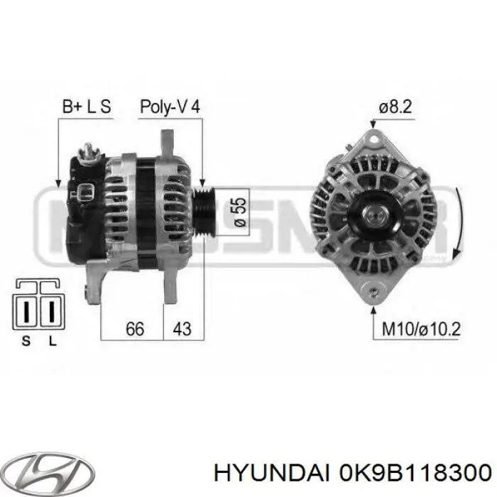 Генератор 0K9B118300 Hyundai/Kia