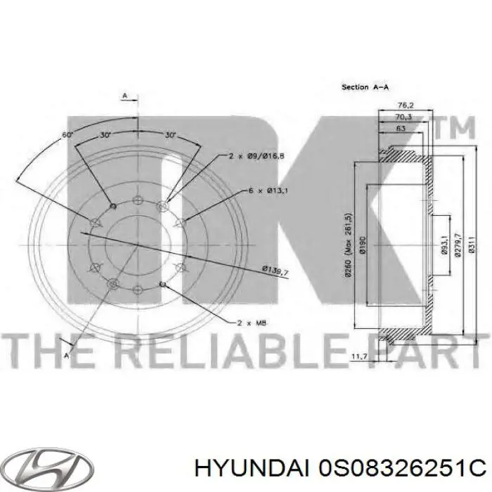 Барабан тормозной задний Hyundai/Kia 0S08326251C цена, от 50.29 USD
